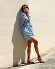 SHORT FORMENTERA IN GARZA DI COTONE RIGA COMBINATA CELESTE