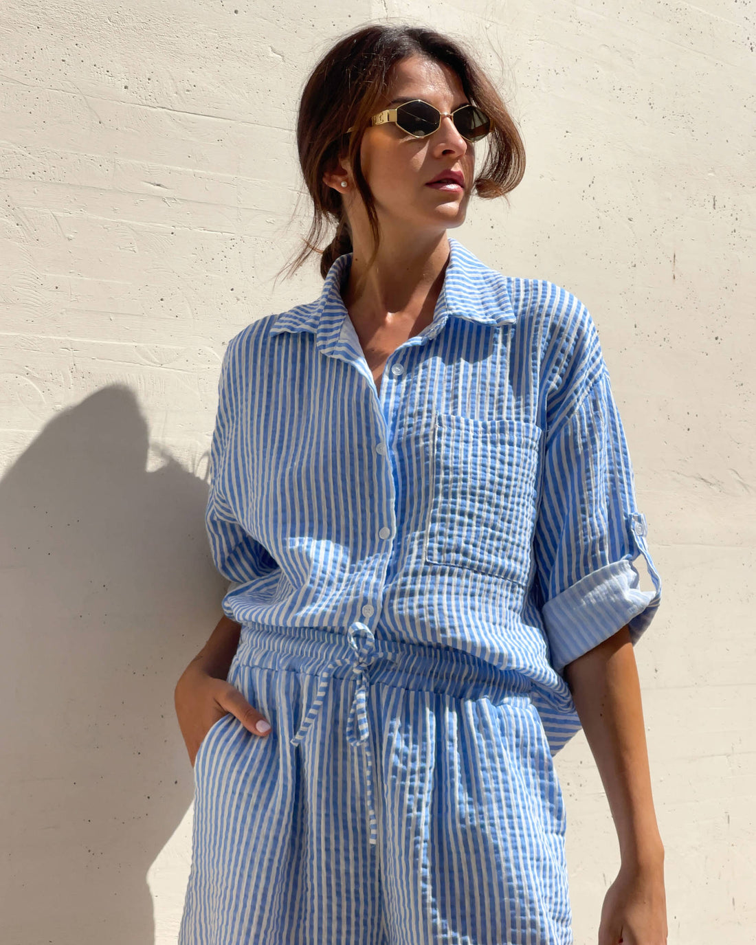 CAMICIA FORMENTERA IN GARZA DI COTONE RIGA COMBINATA CELESTE