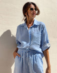 CAMICIA FORMENTERA IN GARZA DI COTONE RIGA COMBINATA CELESTE
