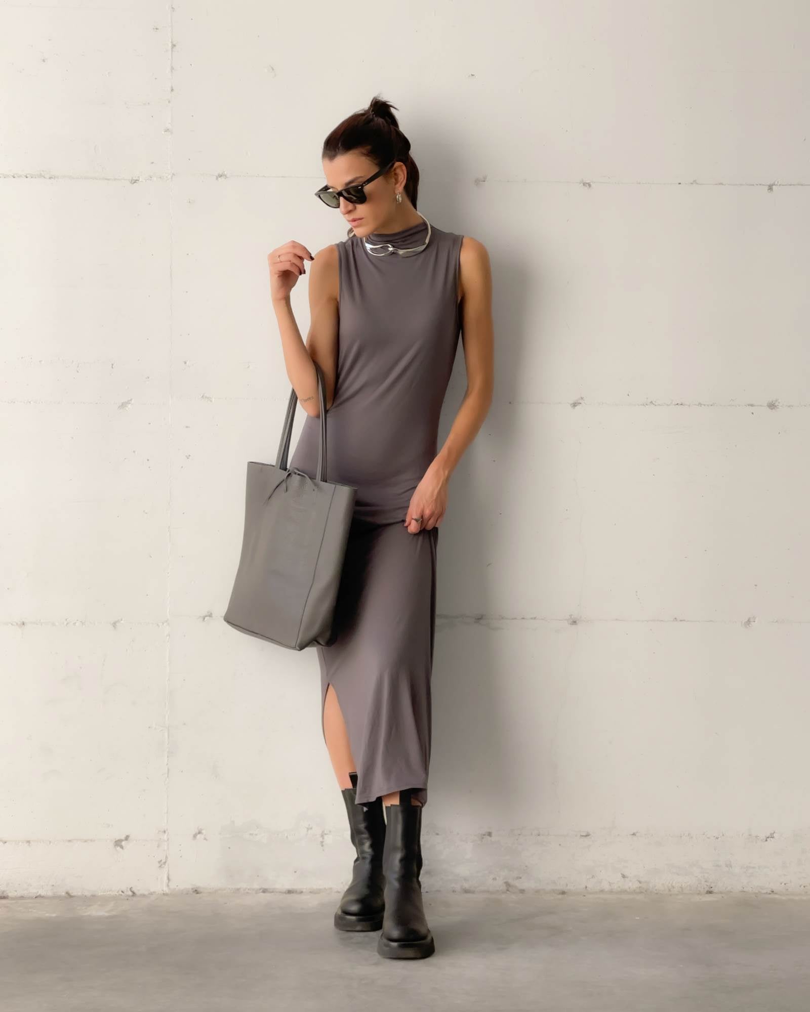 SHOPPER BAG IN PELLE ANTRACITE