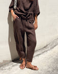 PANTALONE PIPER OVETTO IN LINO CAFFE'