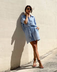 SHORT FORMENTERA IN GARZA DI COTONE RIGA COMBINATA CELESTE