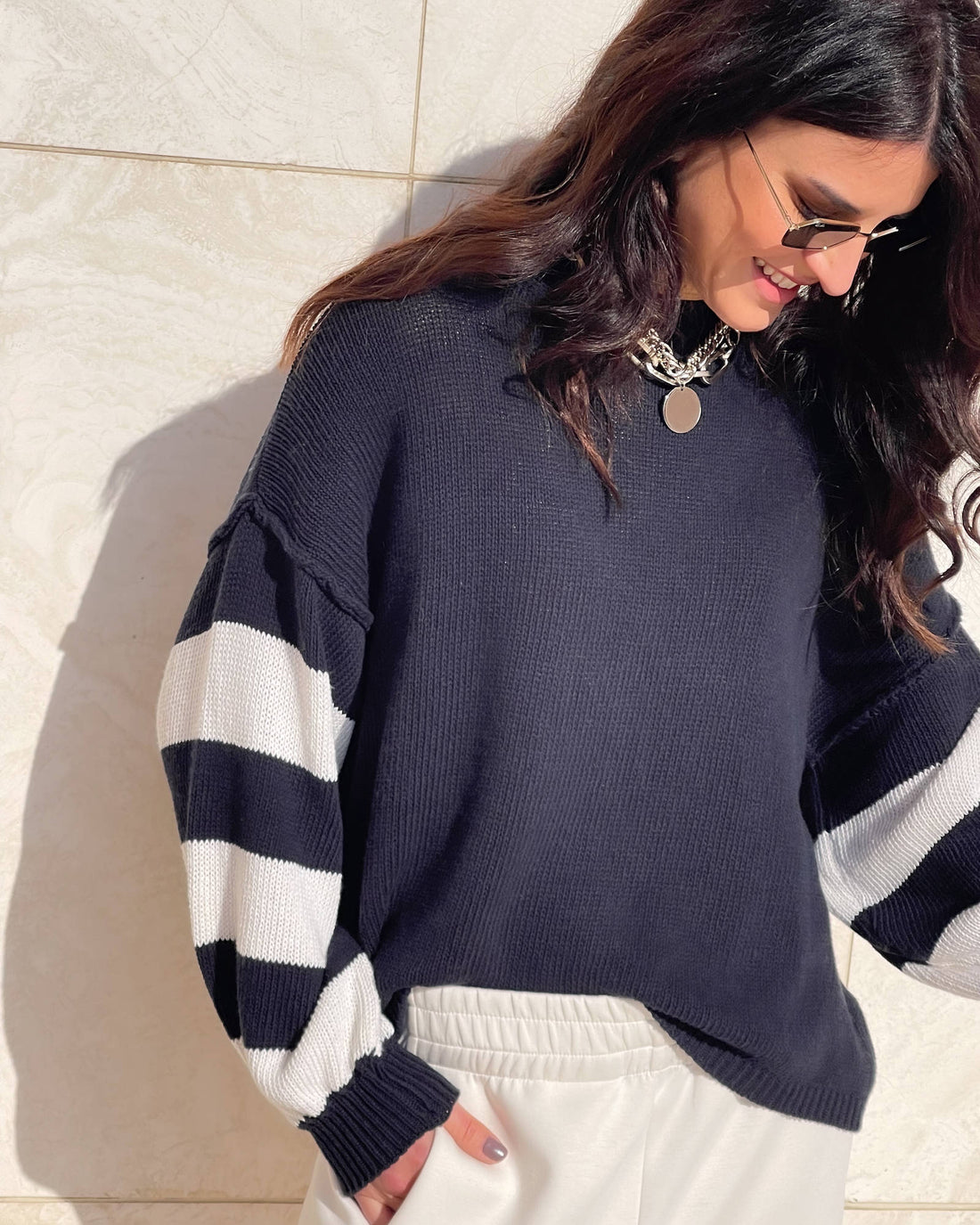 MAGLIA IN FILO RUBINA BLU PANNA