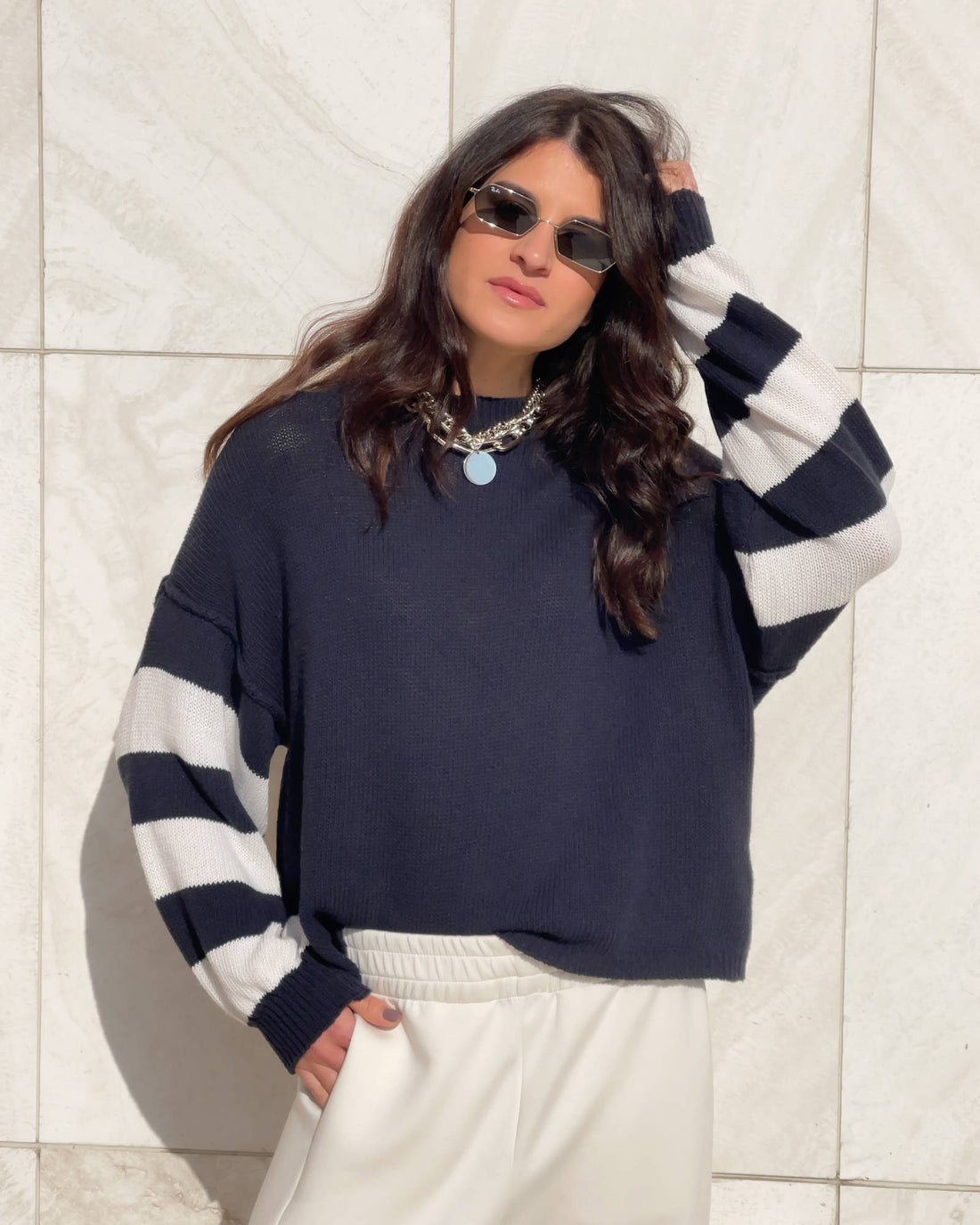 MAGLIA IN FILO RUBINA BLU PANNA