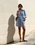 SHORT FORMENTERA IN GARZA DI COTONE RIGA COMBINATA CELESTE