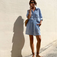 CAMICIA FORMENTERA IN GARZA DI COTONE RIGA COMBINATA CELESTE
