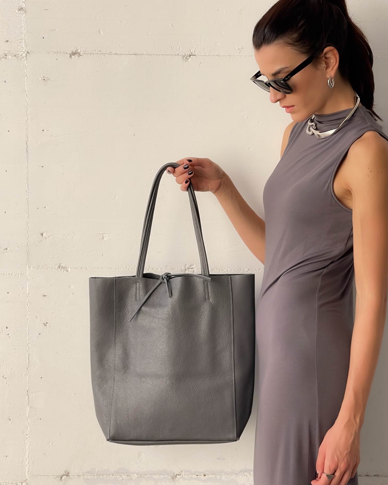 SHOPPER BAG IN PELLE ANTRACITE