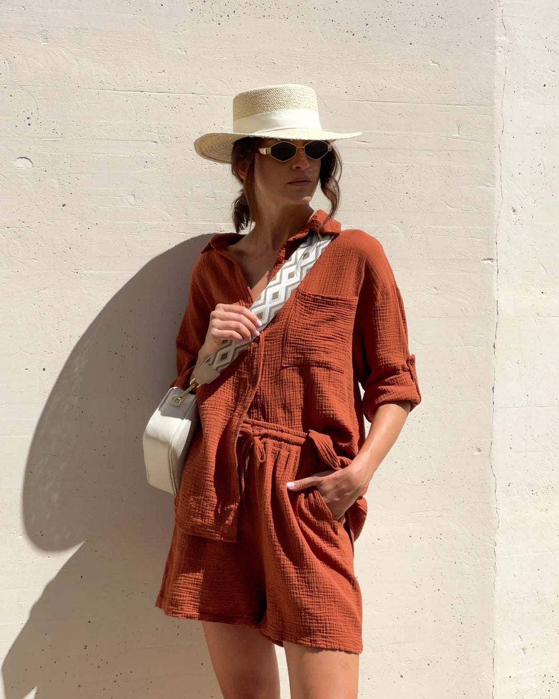 SHORT IBIZA IN GARZA DI COTONE RUGGINE