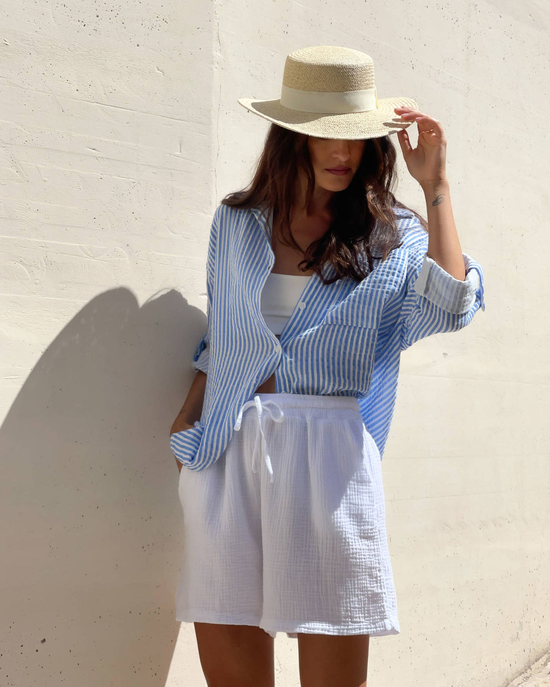 CAMICIA FORMENTERA IN GARZA DI COTONE RIGA COMBINATA CELESTE
