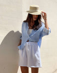 CAMICIA FORMENTERA IN GARZA DI COTONE RIGA COMBINATA CELESTE