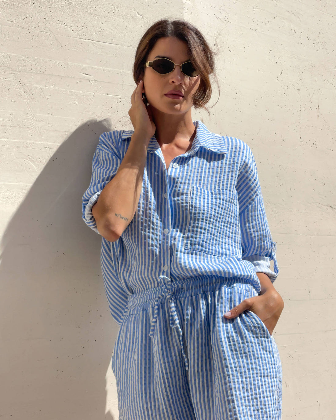 CAMICIA FORMENTERA IN GARZA DI COTONE RIGA COMBINATA CELESTE