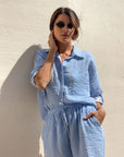 CAMICIA FORMENTERA IN GARZA DI COTONE RIGA COMBINATA CELESTE