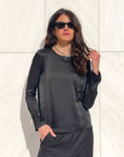 T-SHIRT SATIN NORA MANICA LUNGA NERO