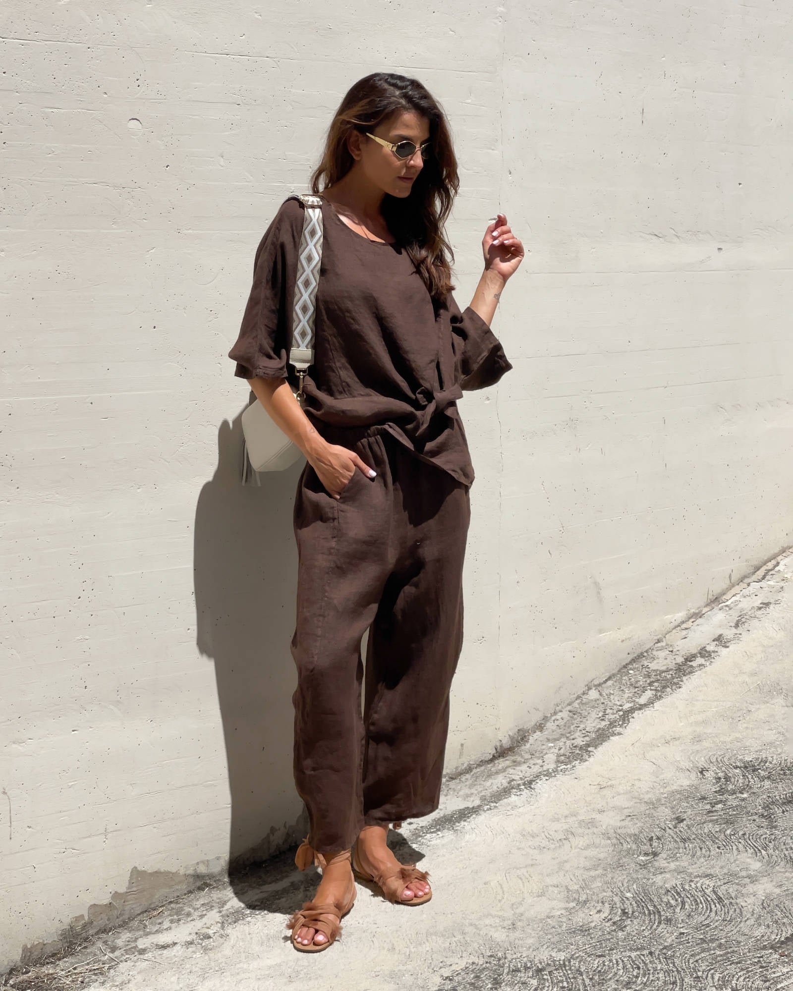 BLUSA PIPER FIOCCO IN LINO CAFFE'