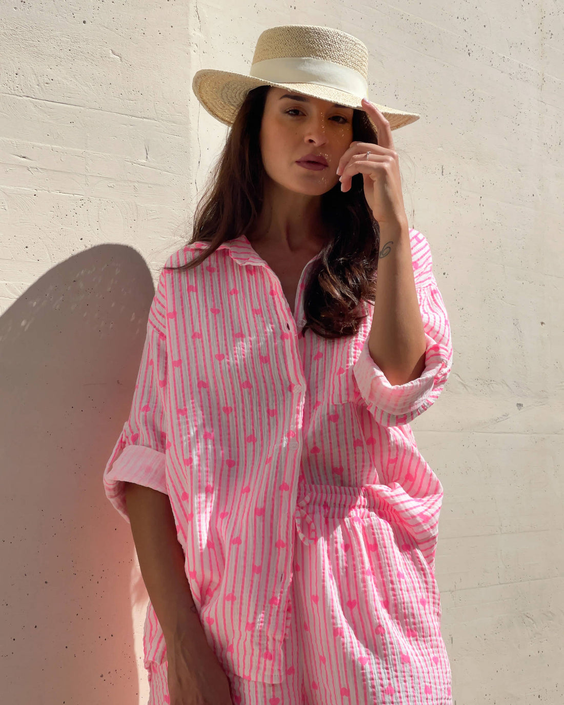 CAMICIA FORMENTERA IN GARZA DI COTONE CUORI FUCSIA