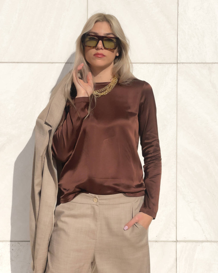 T-SHIRT SATIN NORA MANICA LUNGA CHOCO