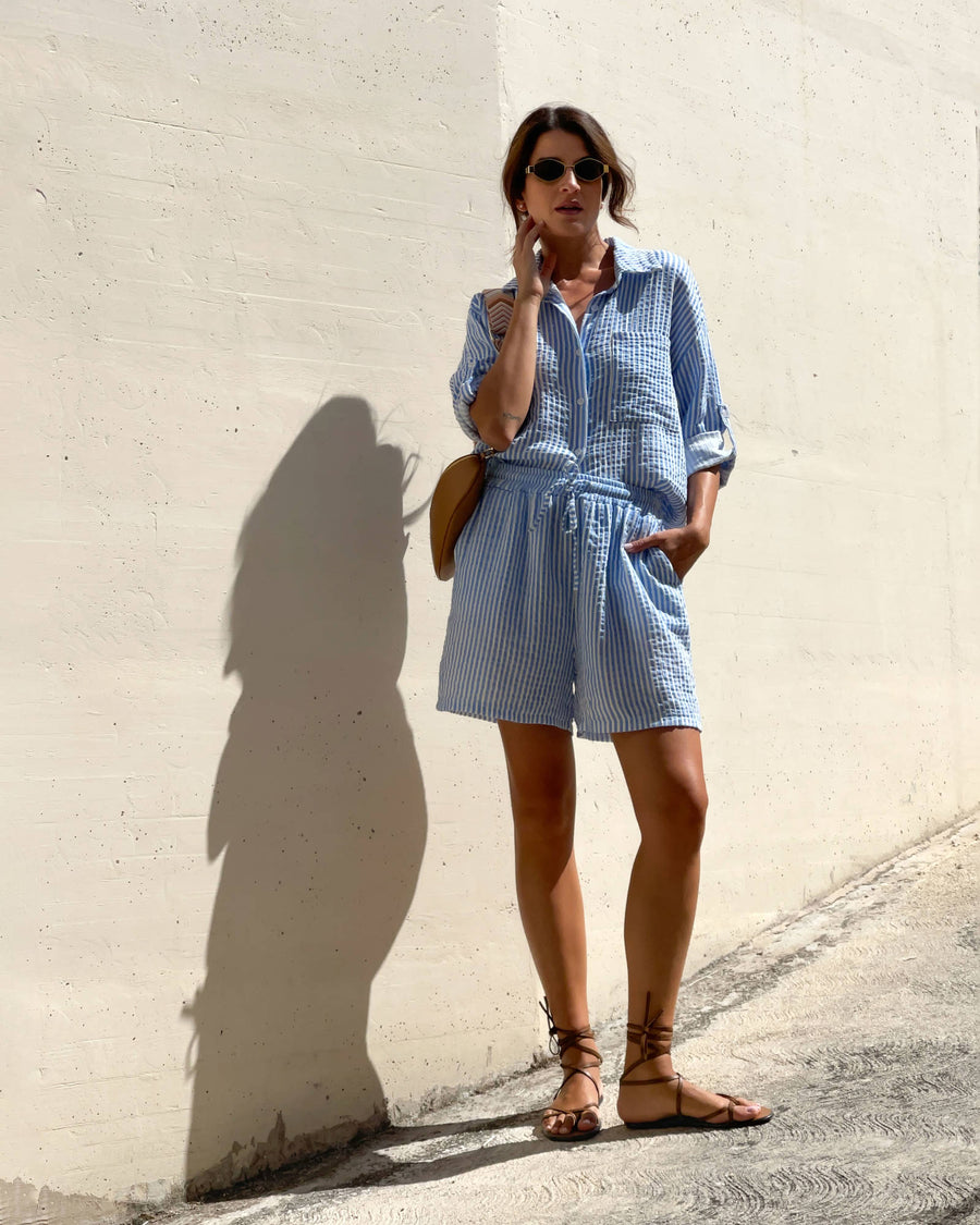 CAMICIA FORMENTERA IN GARZA DI COTONE  RIGA COMBINATA CELESTE