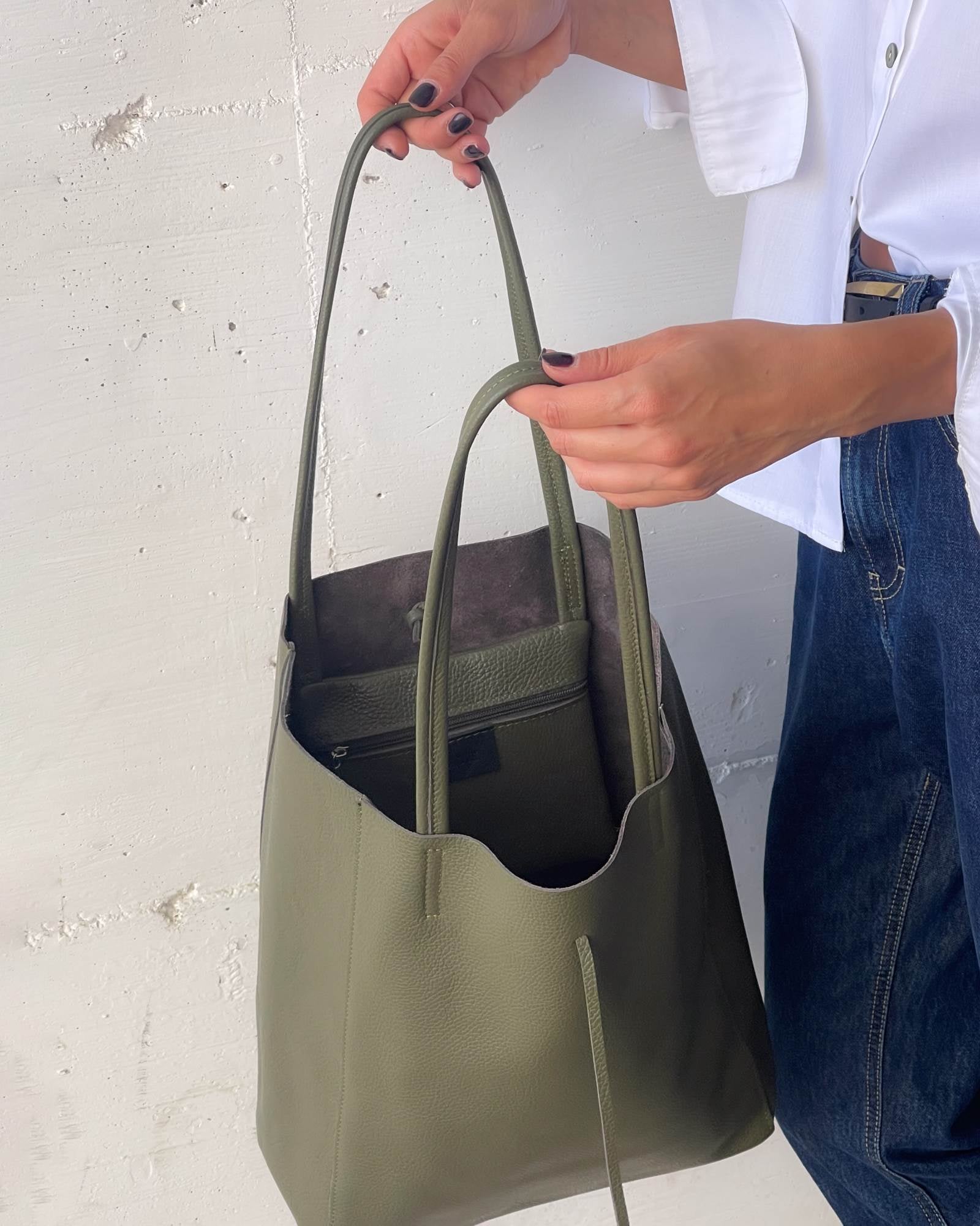 SHOPPER BAG IN PELLE VERDE OLIVA