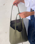 SHOPPER BAG IN PELLE VERDE OLIVA
