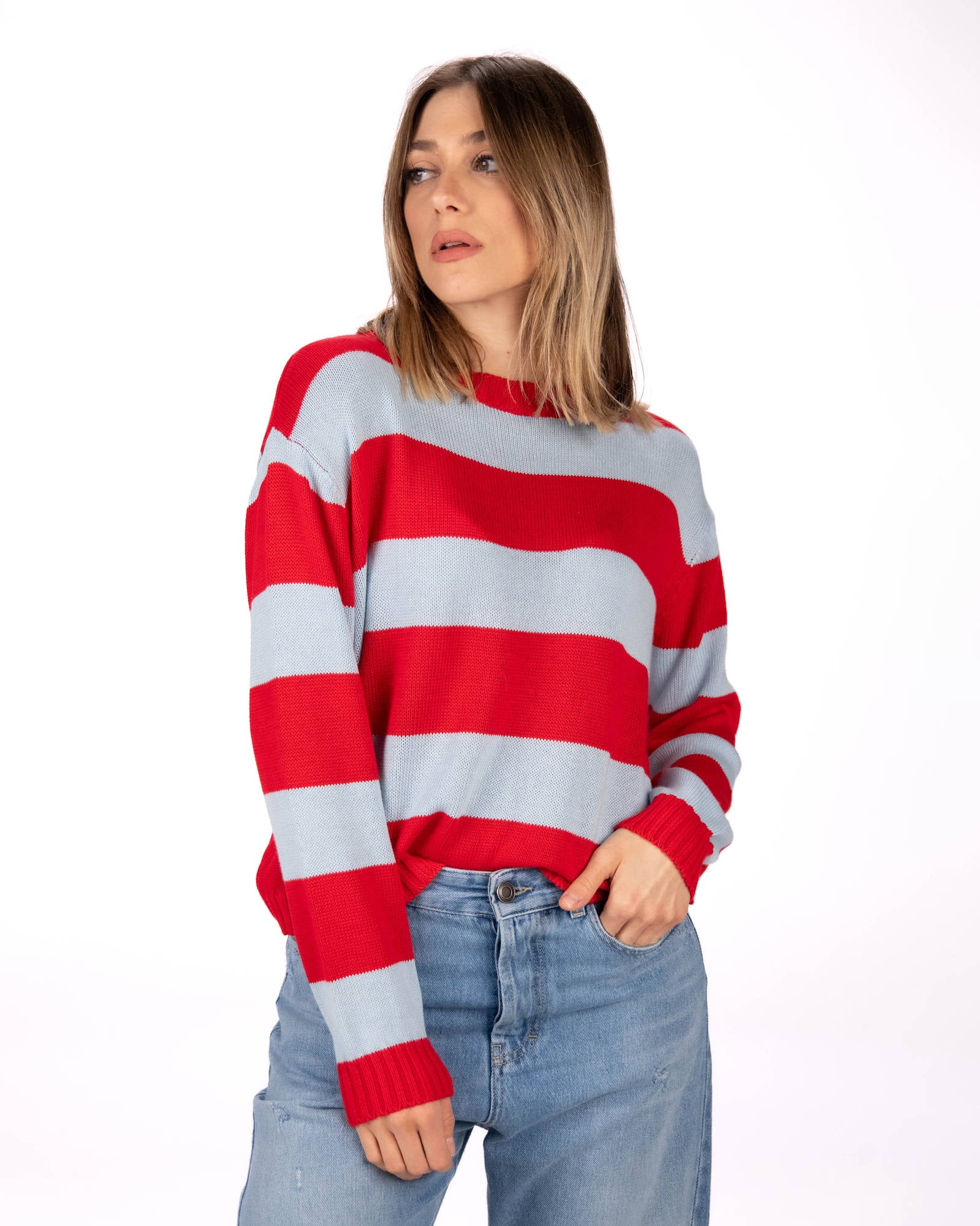 PULL A RIGHE MEGGY ROSSO CELESTE