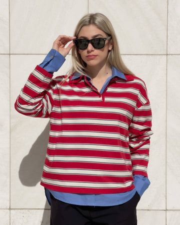 POLO IN COTONE A RIGHE ROSSO PANNA BLU