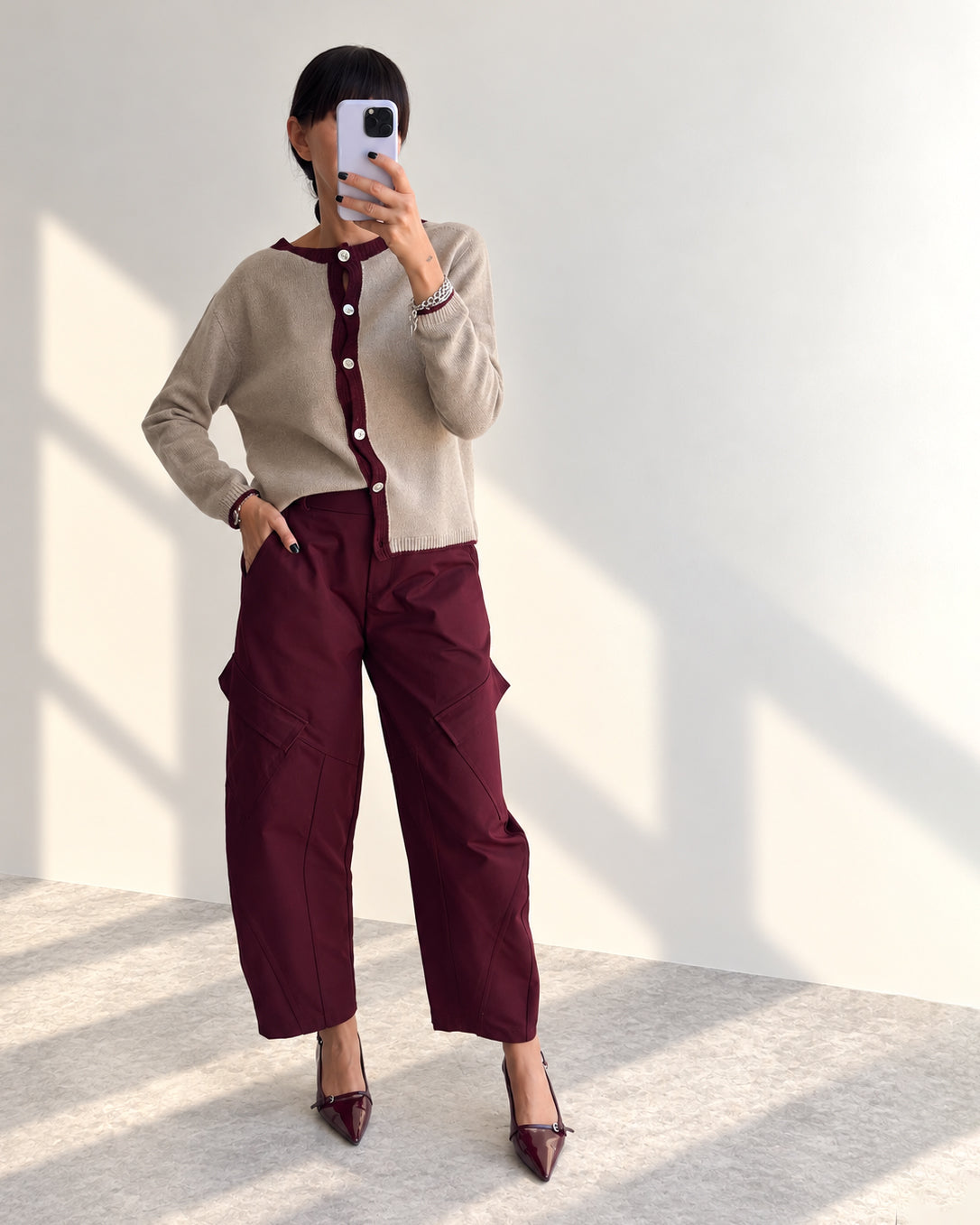 CARDIGAN MISTO LANA STARK BEIGE BORDEAUX