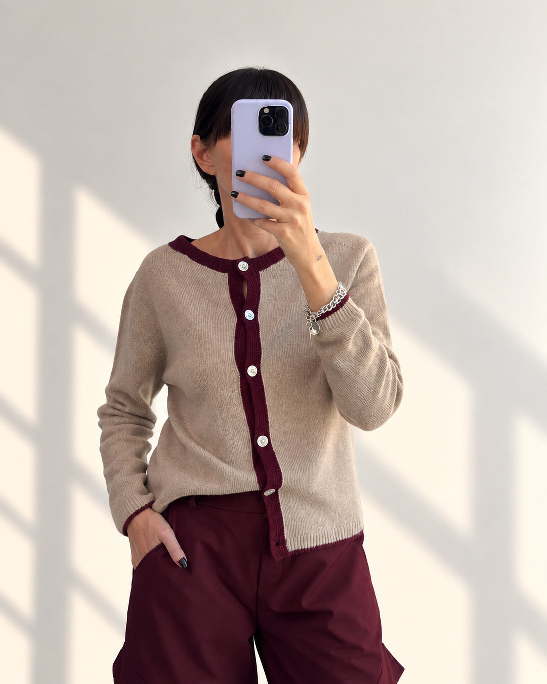 CARDIGAN MISTO LANA STARK BEIGE BORDEAUX