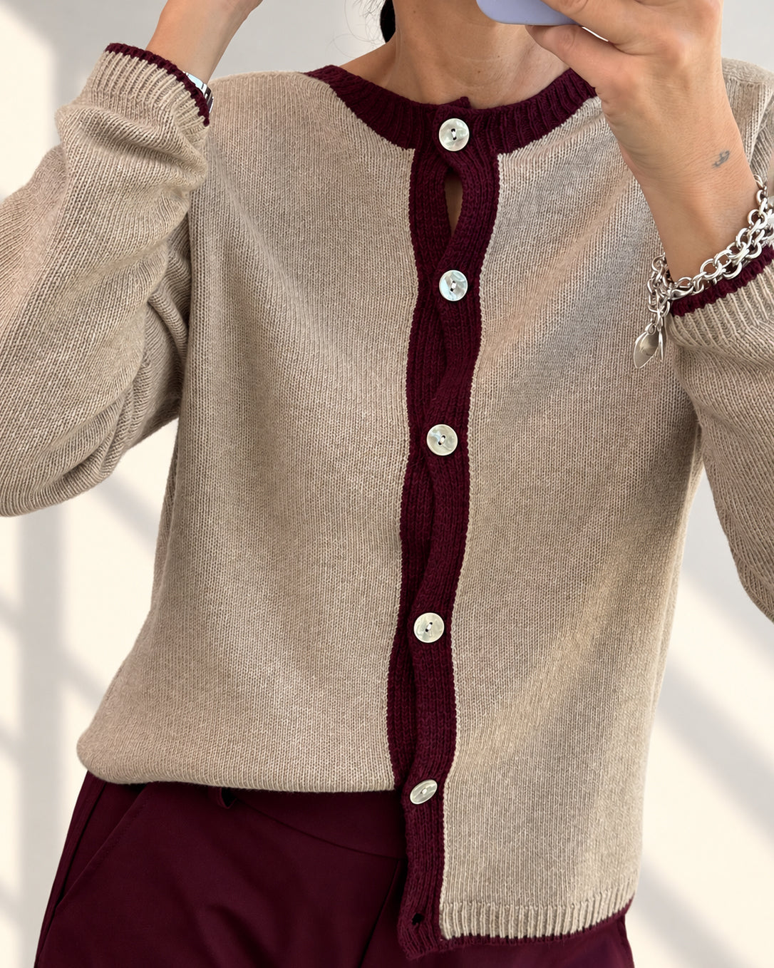 CARDIGAN MISTO LANA STARK BEIGE BORDEAUX