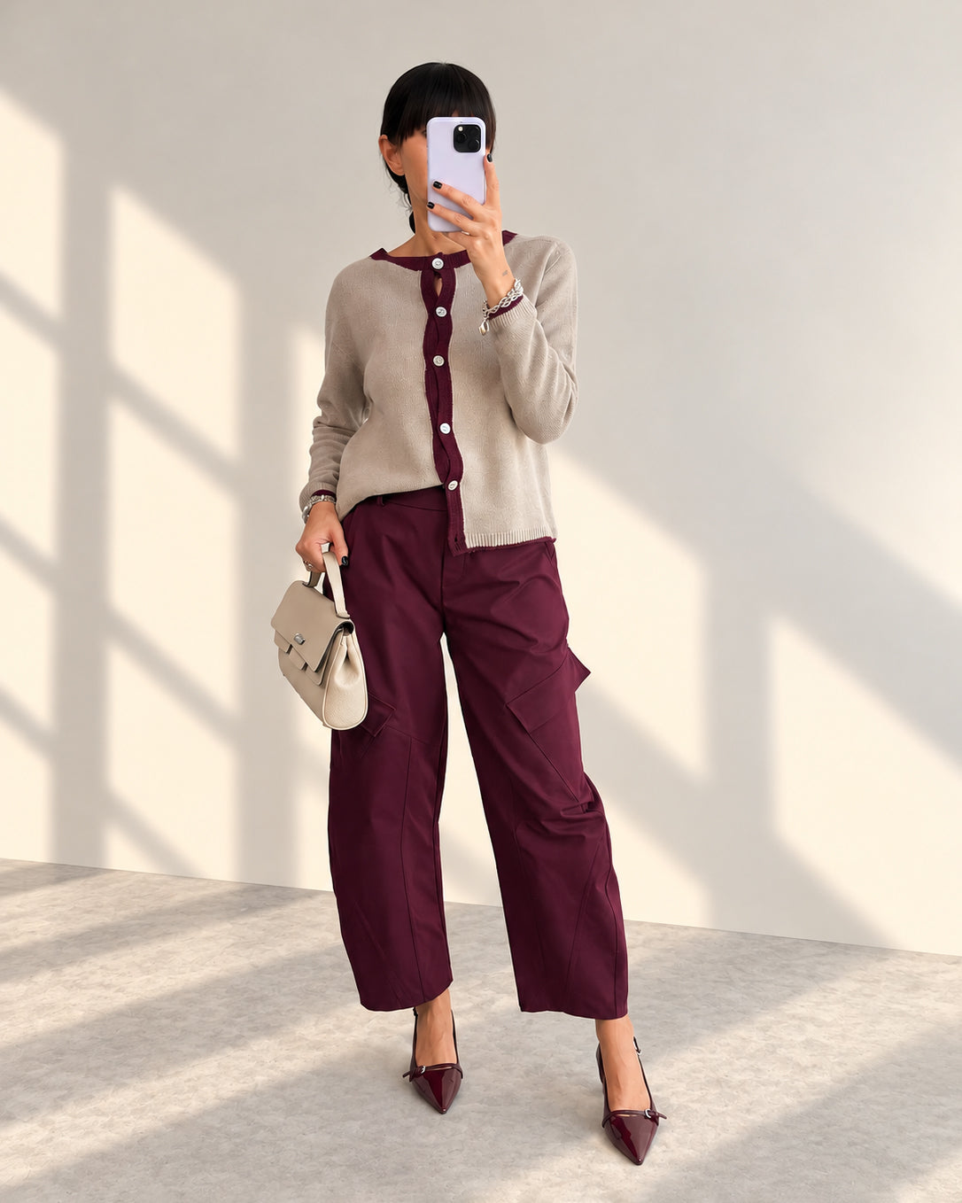 CARDIGAN MISTO LANA STARK BEIGE BORDEAUX
