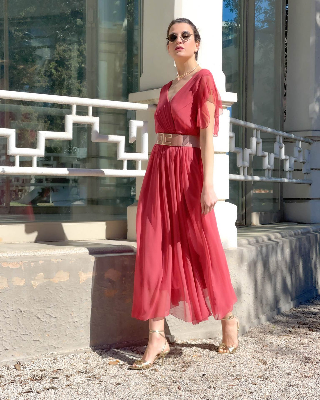 LONG DRESS VIENNA IN CREPON ROSSO POLVERE